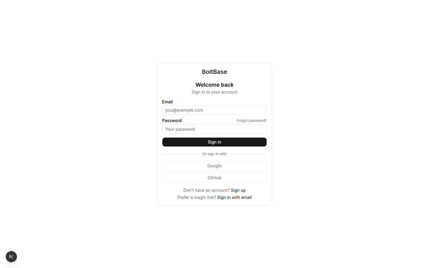 Boltbase Sign-In Screen with OAuth Providers