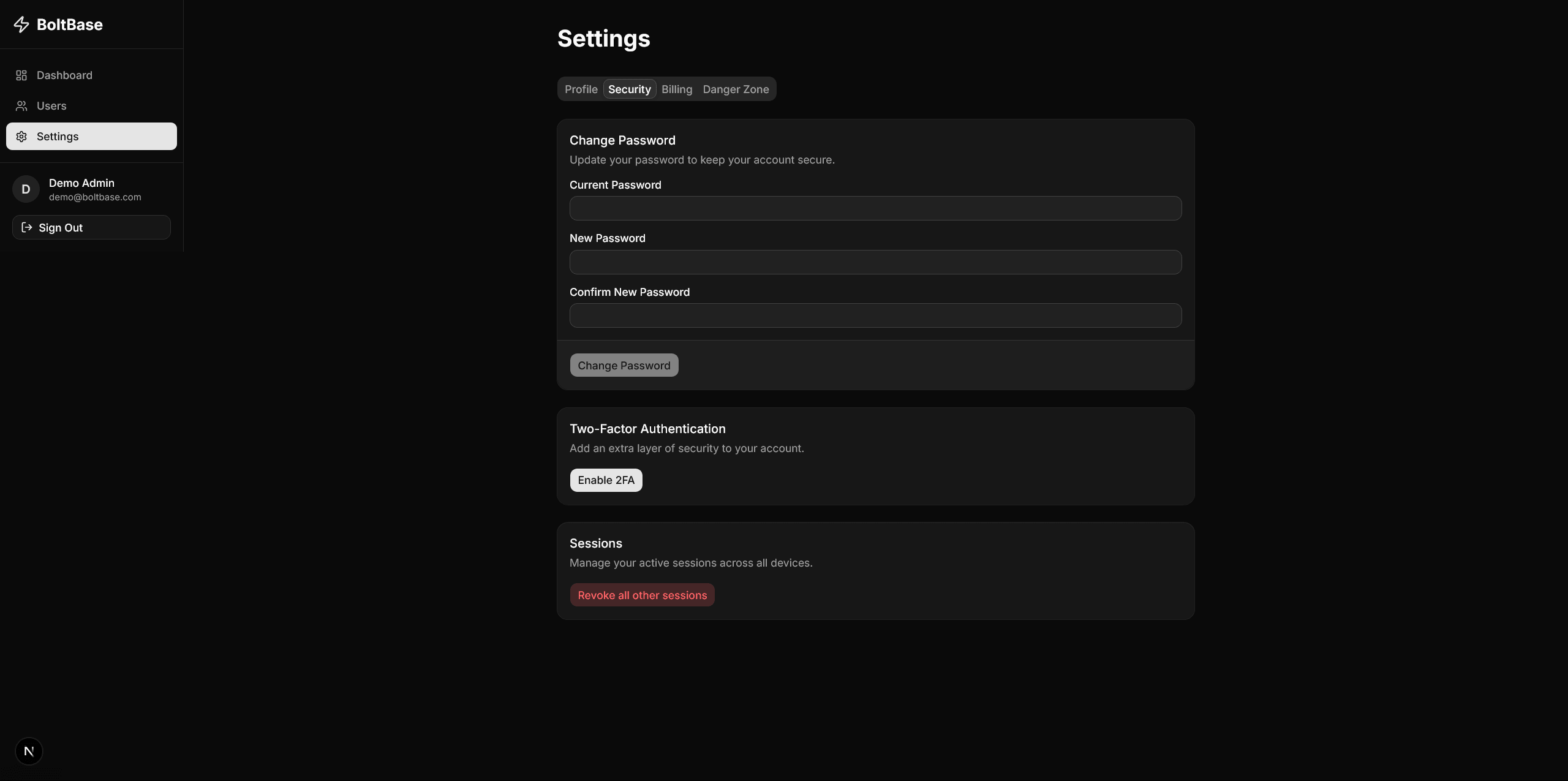 Boltbase Admin Panel with 2FA Settings